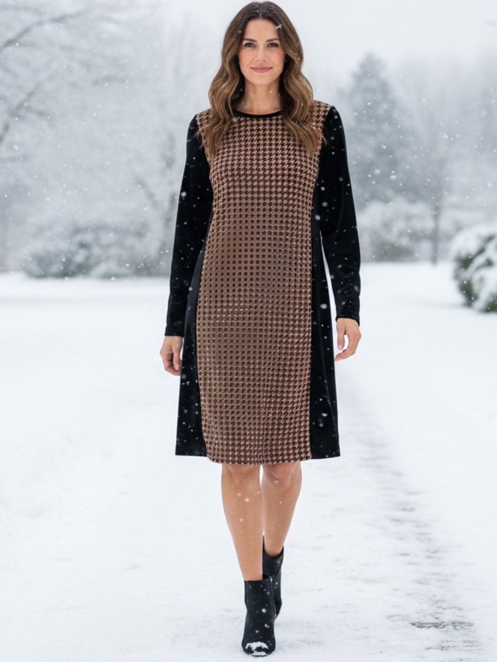 Talbots Black and Butterscotch Tan Houndstooth Stretch Sheath Dress Size 14P